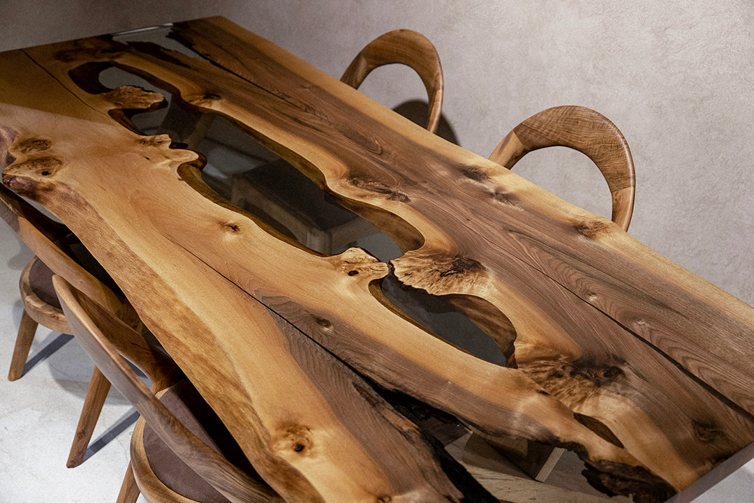 rustic walnut wood clear resin dining table