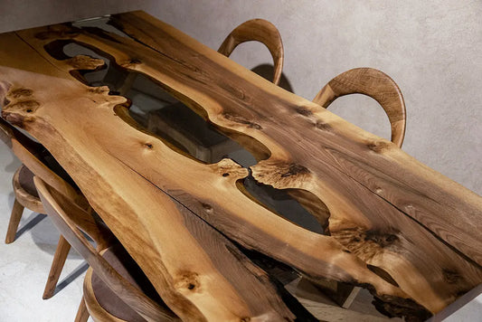 rustic walnut wood clear resin dining table