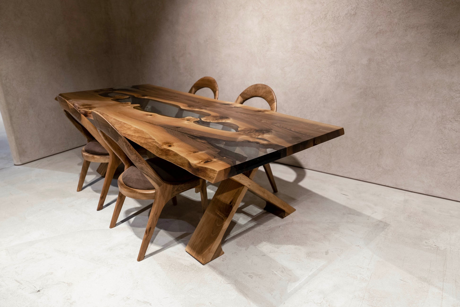 rustic walnut wood clear resin dining table with walnut legs