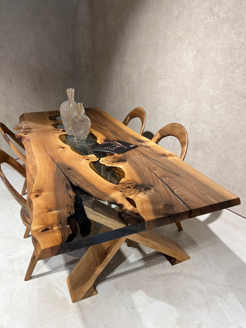 rustic walnut wood clear resin dining table with wooden legs