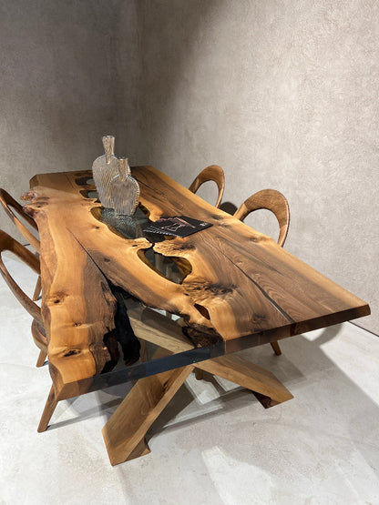 rustic walnut wood clear resin dining table with wooden legs