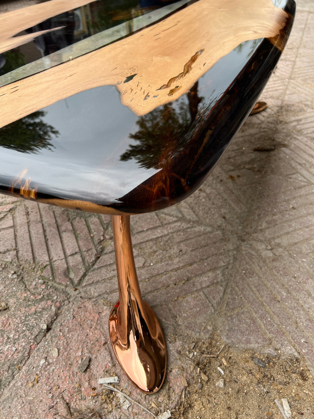 set of Epoxy Resin River Walnut Coffee Table top detailed look