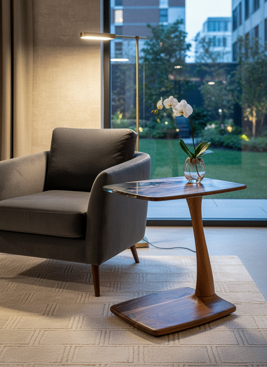 Modern living room with a gray sofa and wooden side table featuring a white orchid.