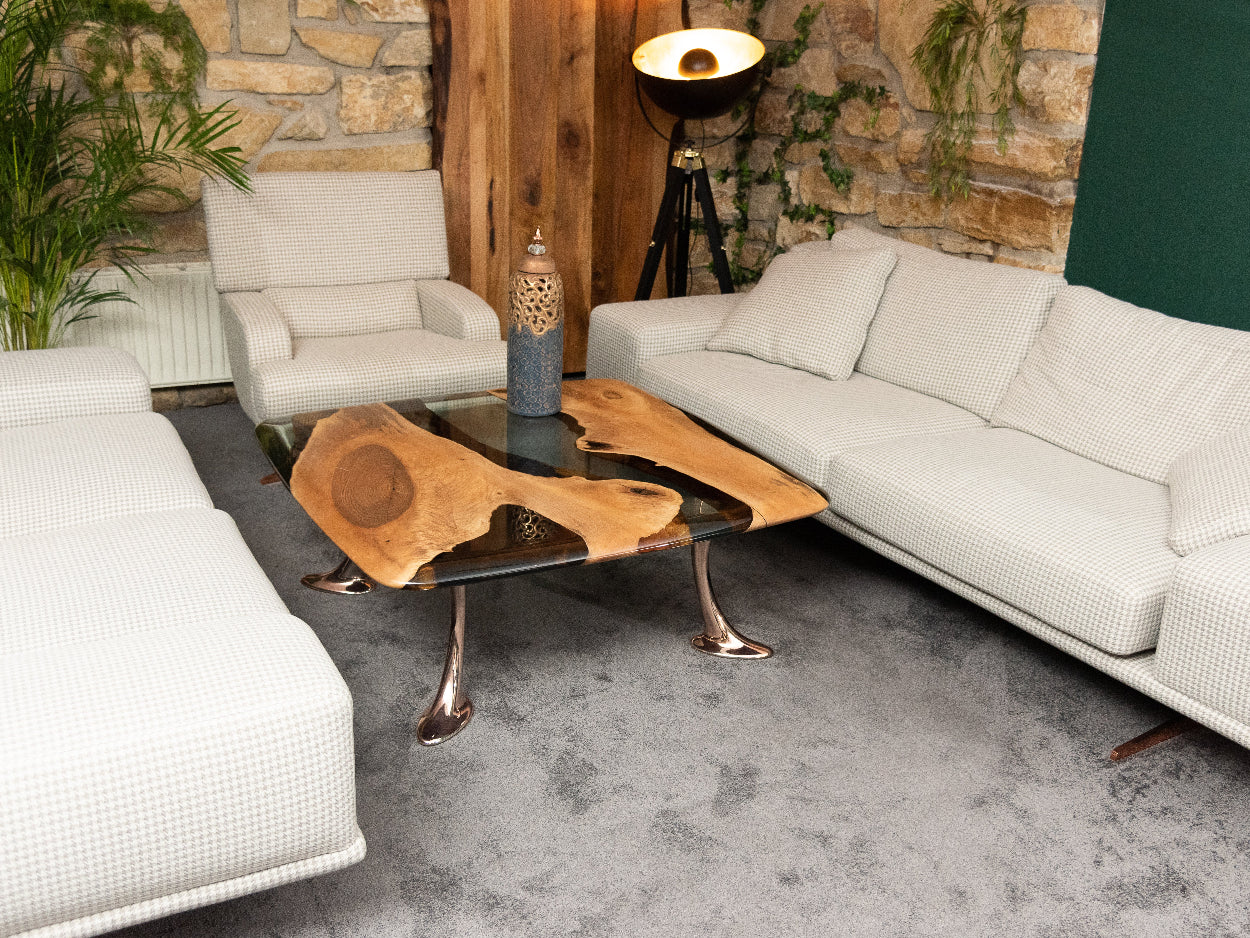 Luxury Clear Epoxy Resin River Walnut Coffee Table with aluminum rose gold legs