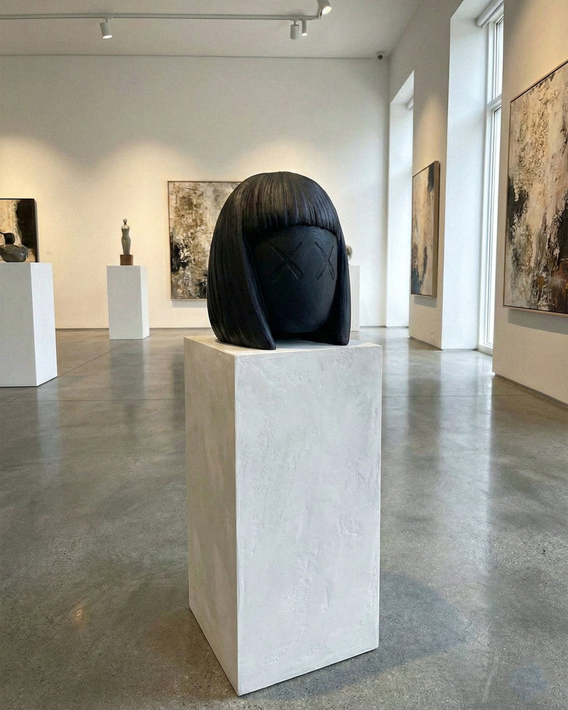 Sculpture on a pedestal in an art gallery with other artworks and white walls.